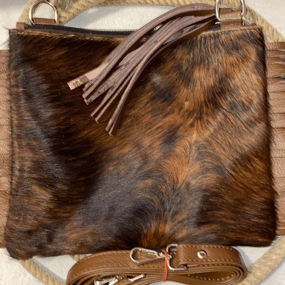 New Handmade Real Cowhide Leather Crossbody Purse Handbag Hair On With Fringes - Picture 4 of 9